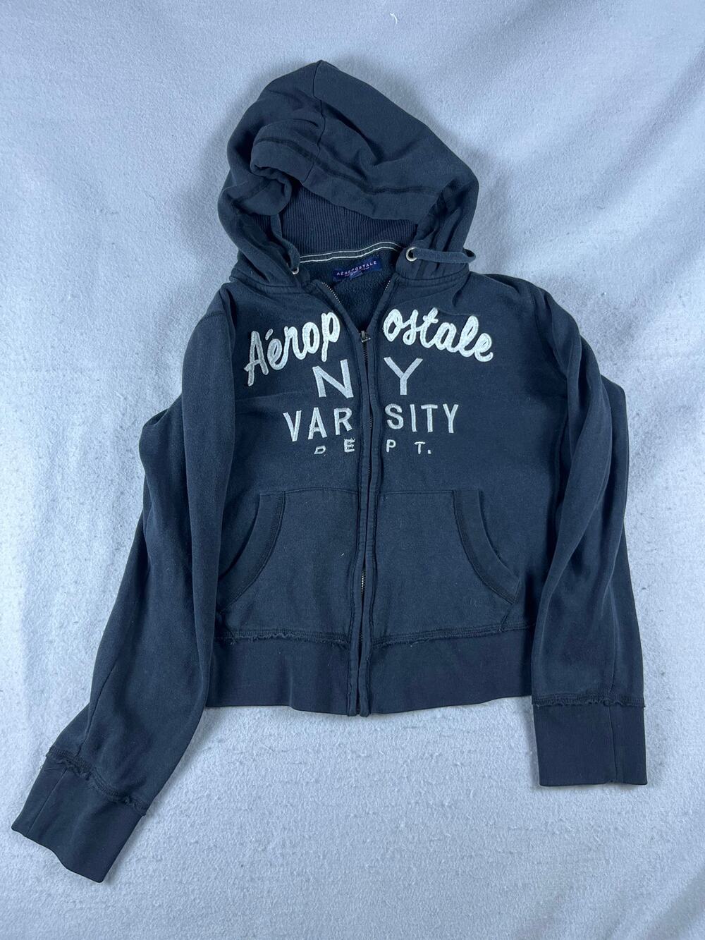 Y2K Aeropostale Hoodie Womens L Black Spellout Embroidered Fleece Varsity Dept